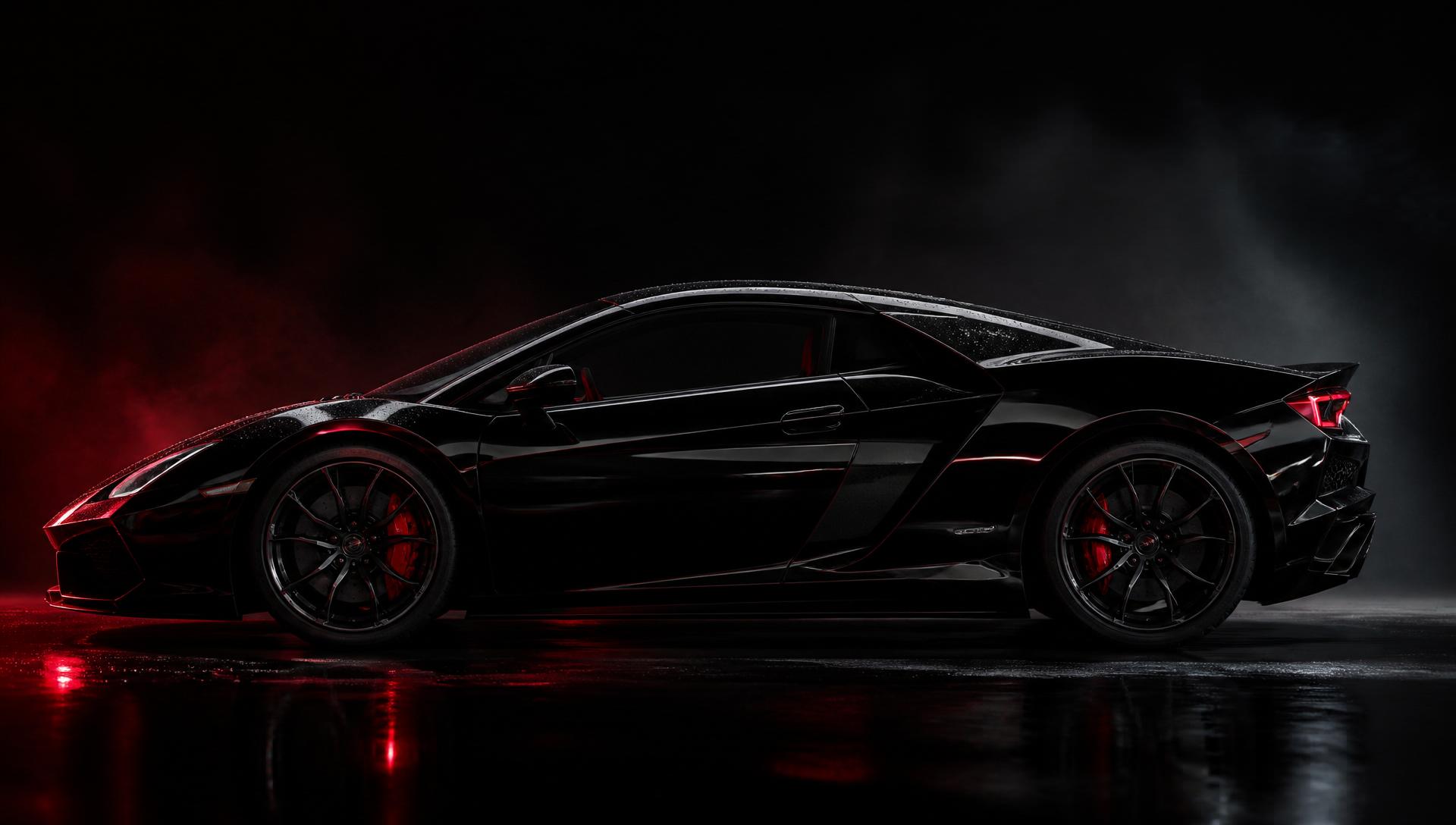 Detailed glossy black luxury sports car with red rim lighting